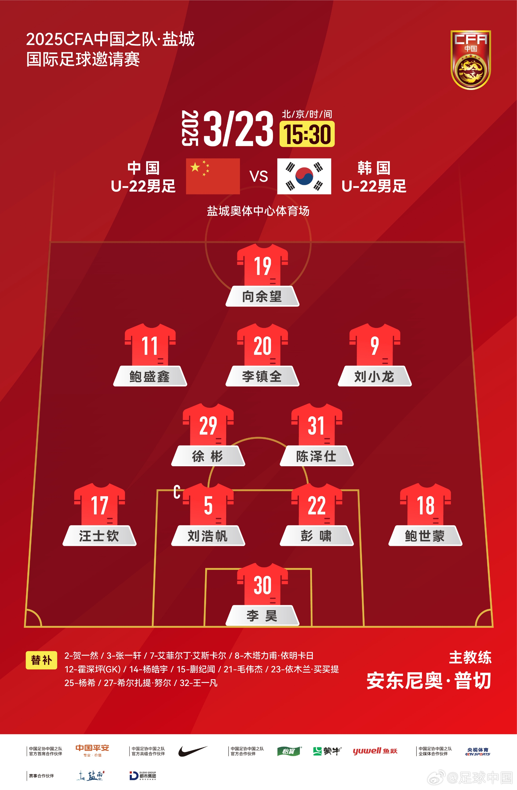 盐城四国赛,中国U-22男足对阵韩国U-22男足,中国队首发阵容